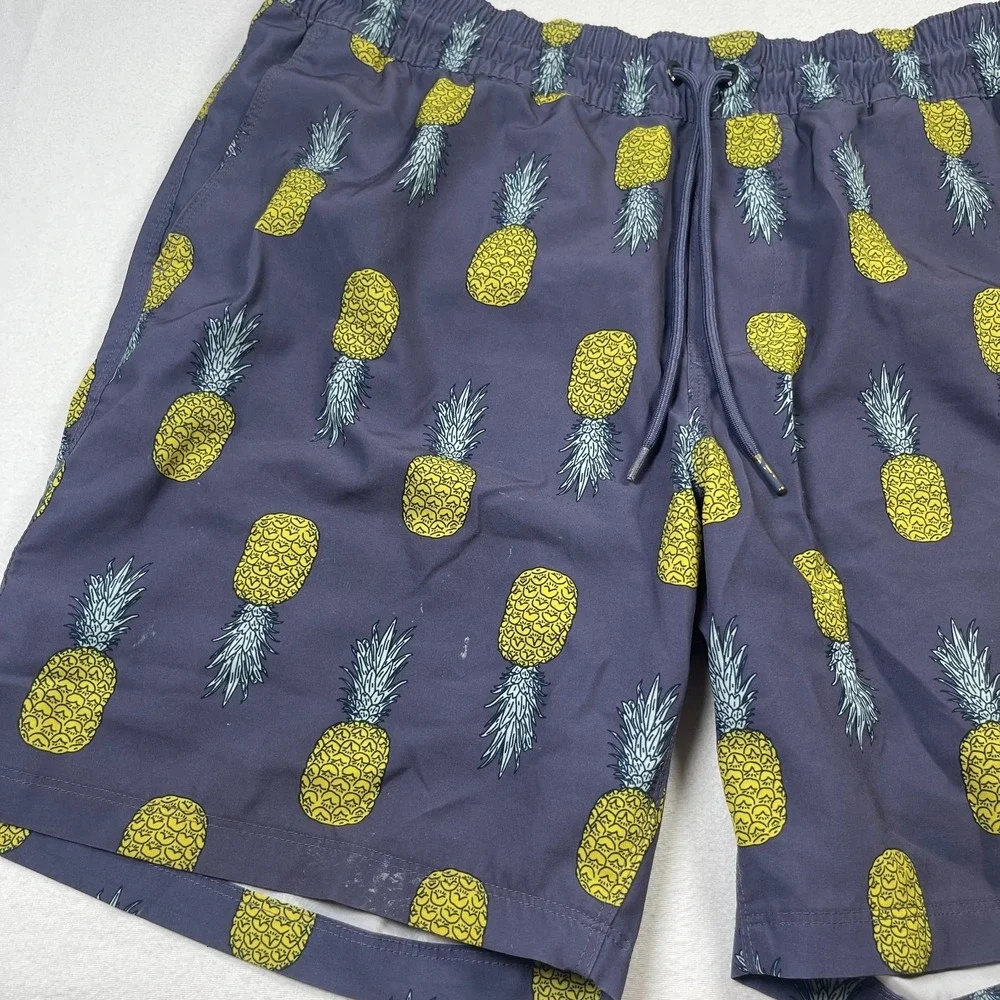 Hurley Swim Shorts Men's Large Gray Pineapple Print Nylon Stretch Drawstring